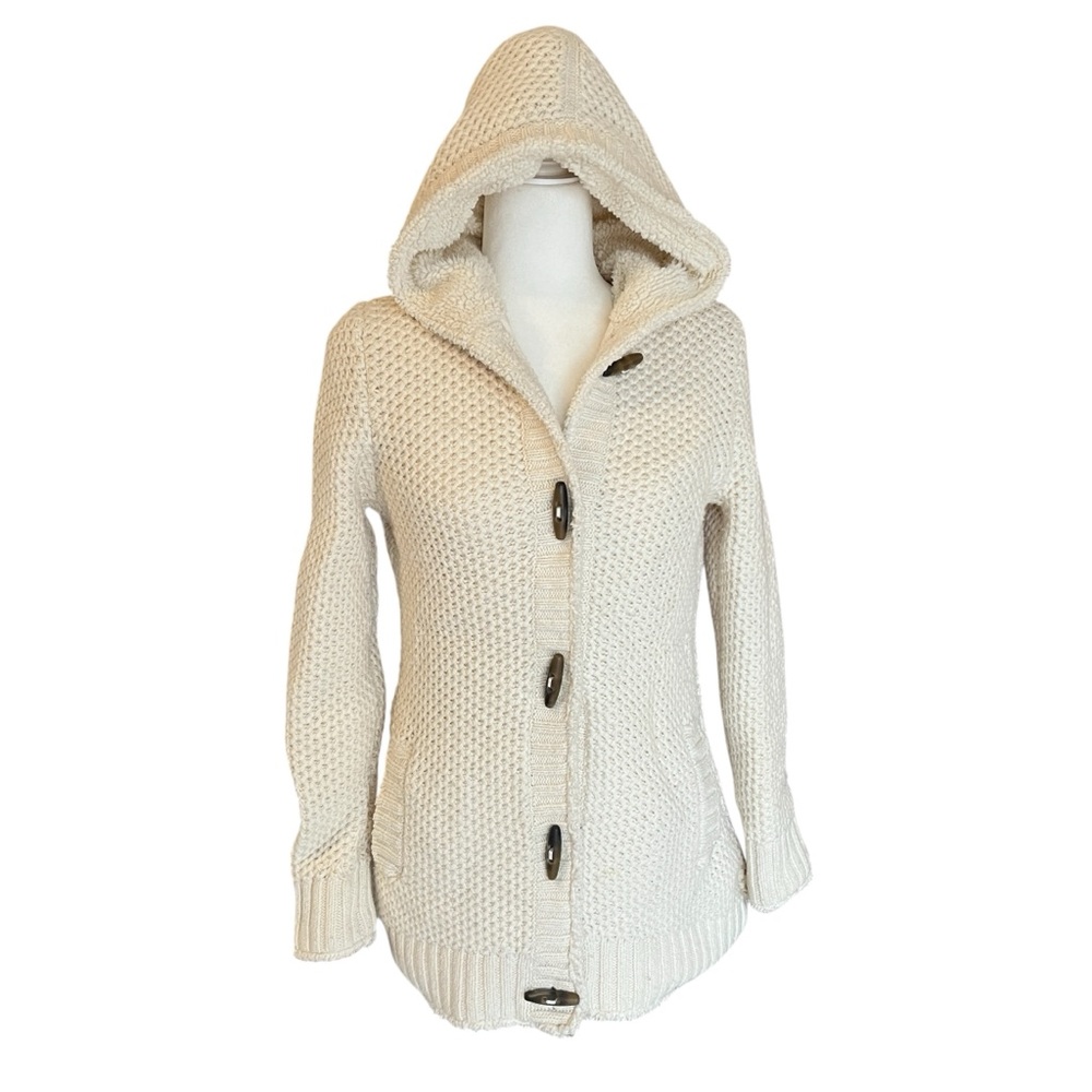 LL Bean Waffle Knit Cardigan Wool Blend Sherpa Lined Toggle Buttons Cream Small